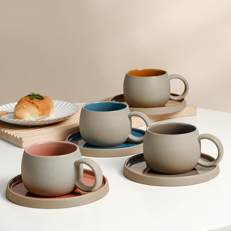 Espresso Cup Saucer - Retro Coarse Pottery Mug and Saucer