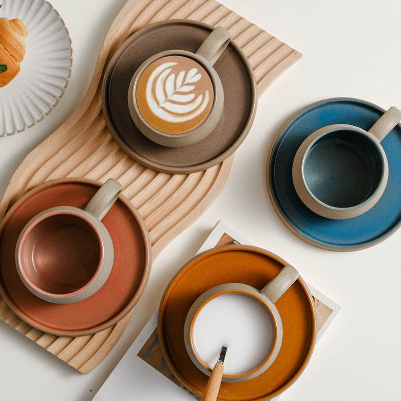 Retro Coarse Pottery Mug and S - Espresso Cup Saucer ulasan dan harga